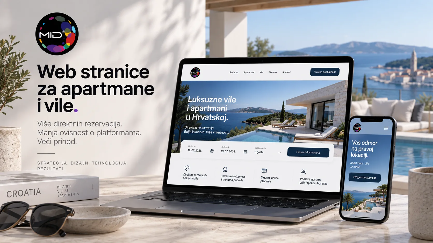 MID izrađuje web stranice za apartmane i vile u Hrvatskoj koje povezuju rezervacije, dostupnost, plaćanje i komunikaciju s gostima.